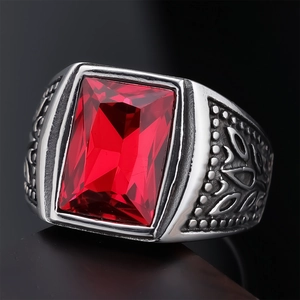 Men's vintage stainless steel ring with a rectangular red gemstone and ornate engraving