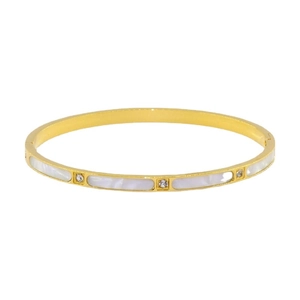 Luxury gold titanium steel open bangle with white shell inlay and sparkling cubic zirconia