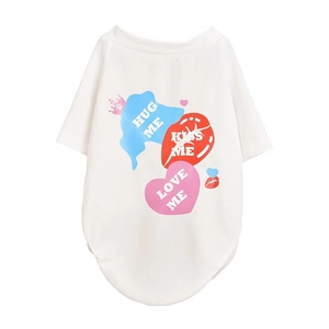 Detail of breathable mesh pet T-shirt with heart graphics and 'HUG ME' print