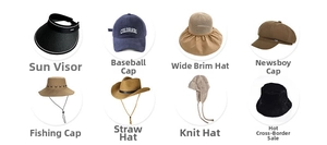 Collage of diverse summer sun hats, baseball caps and bucket hats in various styles