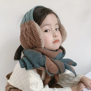 Kids knitted beanie with plush earmuffs and matching two-tone scarf in brown and teal
