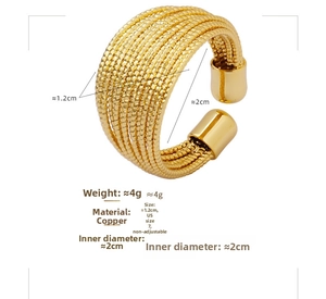 Detail view of gold-plated braided copper ring with multi-layered wire texture and dimensions