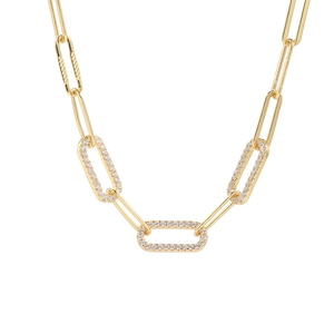 Gold 925 sterling silver chunky paperclip necklace with sparkling paved zircons