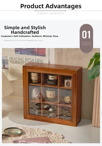 Macro detail of vintage 9-grid wooden jewelry storage box with glass lid and metal clasp