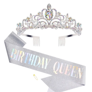 Detail view of Birthday Queen glitter sash and shimmering crystal tiara set in silver