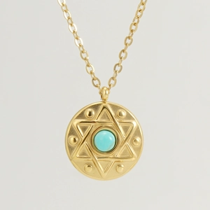 Hexagram Star Of David Pendant Necklace 18K Gold Plated Stainless Steel Turquoise Round Disc Minimalist Jewelry For Women