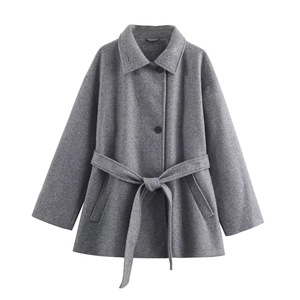 Minimalist dark grey wool-blend coat with a double collar and waist belt in a slim fit