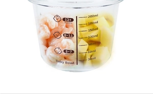 Detail of 200ml glass baby food bowl with measurement scales and feeding guide