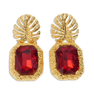 Boucles d'oreilles rétro feuille d'or avec grands cristaux rouges de style géométrique