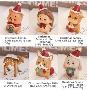 Detailed view of six resin Christmas ornaments including reindeer bear and puppy motifs