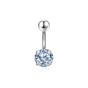 Macro detail of silver surgical steel belly ring with clear round cubic zirconia stone
