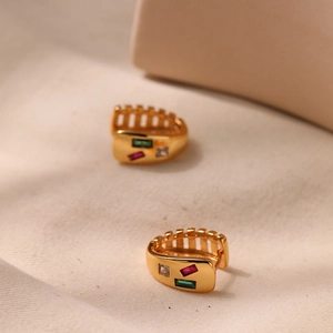 Vintage 18K gold plated brass huggie earrings with red green and clear zircon stones