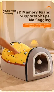 Detail view of semi-closed tunnel pet bed with 3D memory foam and hanging ball toy