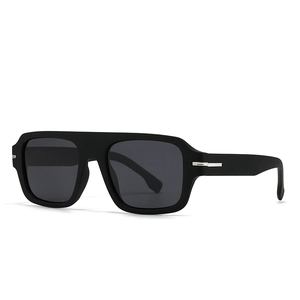 Classic matte black square polarized sunglasses with decorative silver metal temple accents