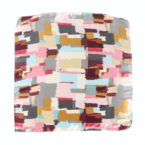 Square silk scarf with multi-colored abstract brushstroke pattern on white background