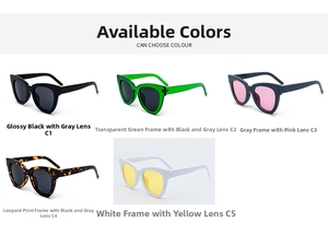 Cat eye sunglasses detail showing five different frame colors and lens tints in a group view