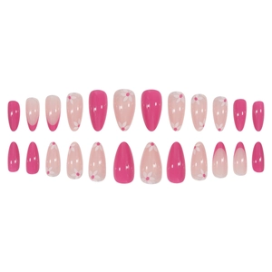 Almond press-on nails with hot pink french tips and white daisy floral patterns