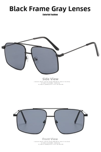Detail view of double bridge metal sunglasses with grey lenses and black frames