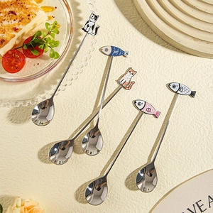 Five-piece stainless steel cat and fish spoon set for coffee and dessert mixing
