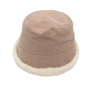 Winter Corduroy Bucket Hat With Faux Fur Trim Warm Plush Lining Adjustable Retro Solid Color Fisherman Cap