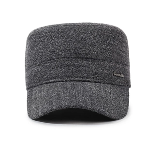 Men's winter flat top warm cadet cap in dark grey wool blend with metal logo