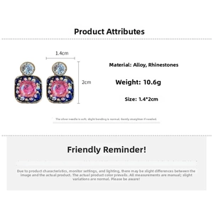 Detail showing vintage square stud earrings with pink gemstone and rhinestone dimensions