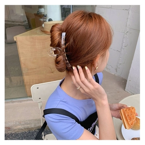 Clear plastic hair claw clip securing a French style bun on a female model
