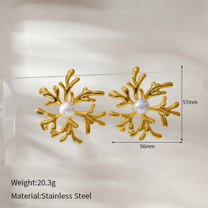 Detailed specs of coral shape stainless steel earrings with pearl center in gold