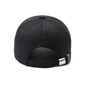 Rear view of black cotton baseball cap with long brim and adjustable metal buckle