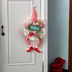 Christmas Elf Wreath Decoration With Believe Sign Red White Striped Mesh Fabric For Front Door Wall Hanging