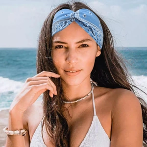 Blue paisley knotted headband for women, vintage twist elastic hair wrap for beach yoga