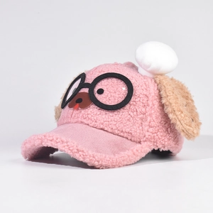 Detailed close-up of pink plush puppy baseball cap with 3D ears and glasses patches