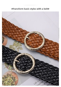 Detail view of woven PU leather belts with gold hammered round buckles in black and brown