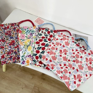 Floral Canvas Tote Bag Large Capacity Drawstring Shoulder Bag Fresh Pastoral Style Women Handbag With Woven Rope Handle