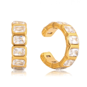 Minimalist gold-plated stainless steel ear cuff with rectangular cubic zirconia accents