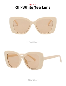 Detail view of retro oversized cream sunglasses with translucent tea lenses from two angles
