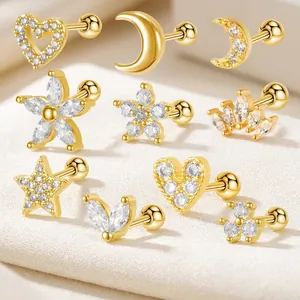Orecchini Cartilagine Con Zirconia Perno In Acciaio Inossidabile Luna Stella Cuore Forma Piercing A Vite Moda Donna