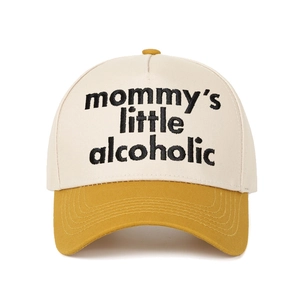 Detail of Mommy's Little Alcoholic embroidery on retro colorblock baseball cap