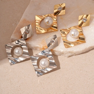 Geometric Drop Earrings With Imitation Artificial Pearl And Zircon Copper Body Silver Earring Post Oversized Irregular Style For Women