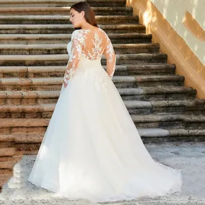 Elegant white lace long sleeve plus size wedding dress with A-line train and sheer back