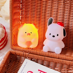 Cute pig and dog cartoon night lights glowing in a cozy woven basket setting