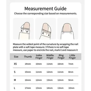 Size guide for blue gradient hand-carved press-on nails with width measurements per finger