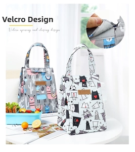 Detail of insulated lunch bag showing easy Velcro closure and cute alpaca cat patterns