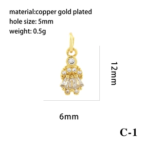 Macro detail of 18K gold plated girl pendant with cubic zirconia and exact dimensions