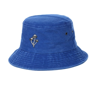 Washed blue cotton bucket hat with retro mushroom embroidery and metal eyelets