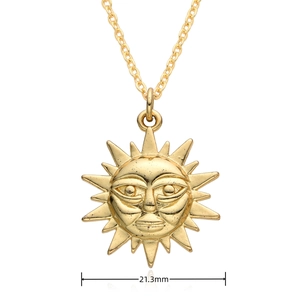 Detailed close-up of 21.3mm vintage sun face pendant necklace with gold plated finish
