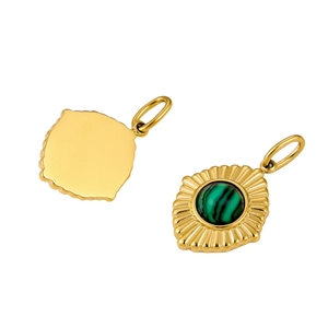 Vintage stainless steel pendants with green malachite inlay shown in front and back views