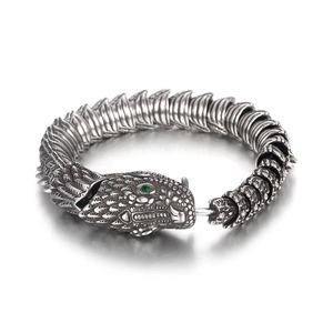 Retro punk dragon bone bracelet in oxidized steel with green zircon eyes for men