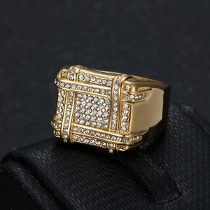 Men's hip hop gold plated stainless steel square ring with iced out crystal pavé grid