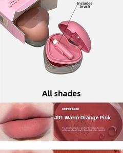 Detail of matte lip mud in shade 01 orange pink with a built-in makeup brush